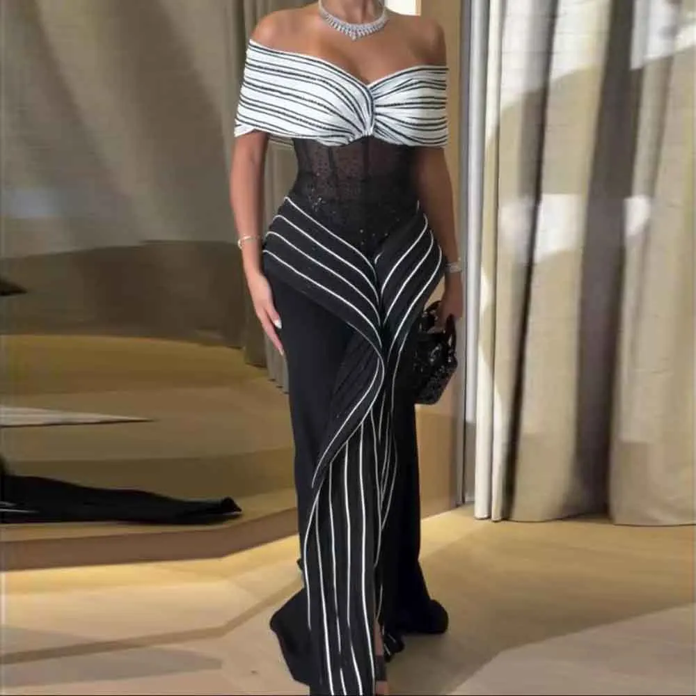 Customized Modest Ruffles Evening Dress 2025 Contrast Color Off the Shoulder vestidos de gala Tranparent Waist evening dresses