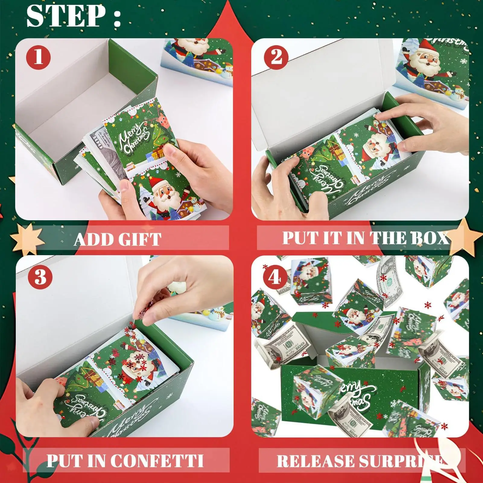 2026 Scatola di rimbalzo a sorpresa di Natale Regalo creativo di compleanno Busta rossa di rimbalzo pieghevole di Natale Confezione regalo Babbo Natale Pupazzo di neve ElfToy