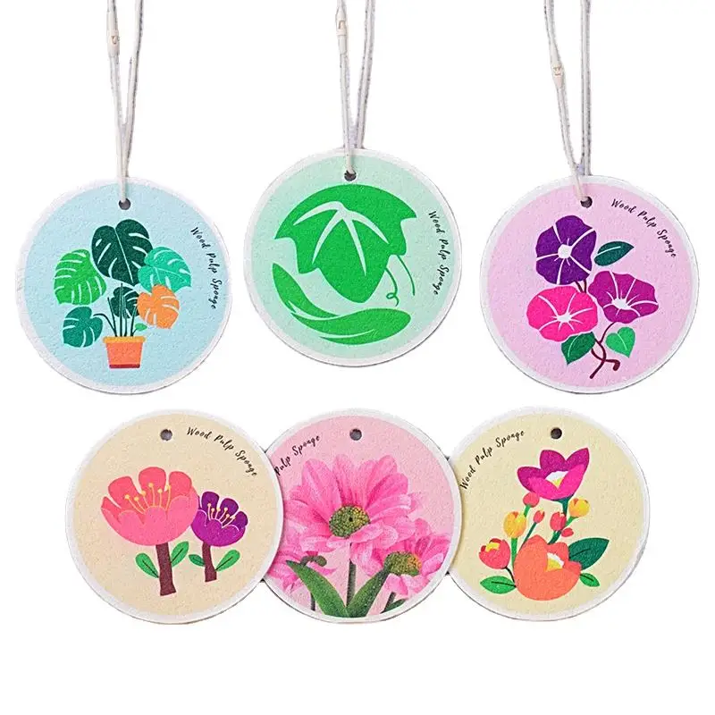 10Pcs Organic Wood Pulp Sponge Wood Pulp Cotton Dishwashing Sponge Wipe Cartoon Flower Wood Pulp Dish Soap Container Dish Brush