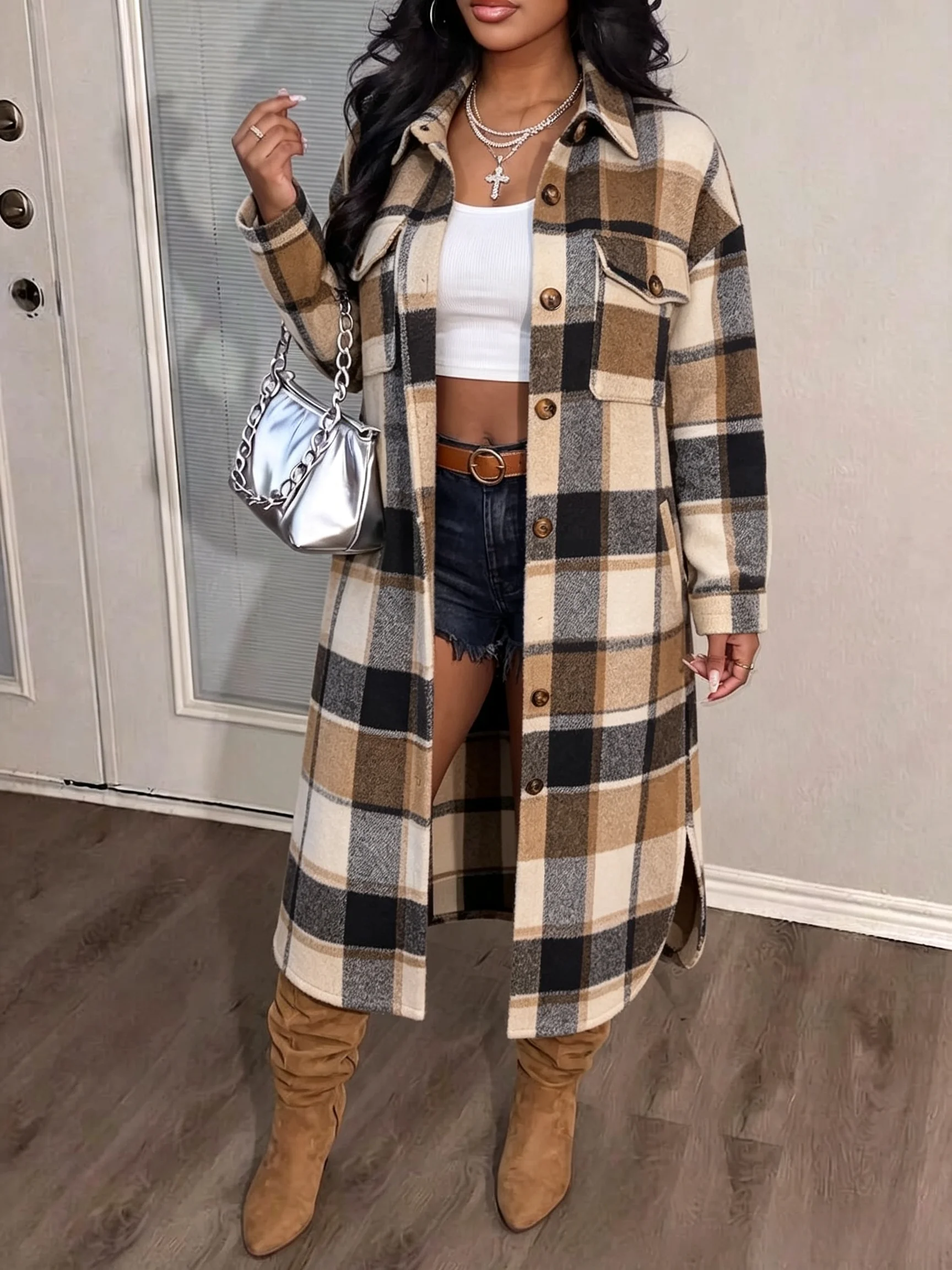 Women Long Plaid Shacket Lapel Button Down Long Sleeve Oversized Tartan Shirt Coat Fall Winter Casual Loose Outerwear With Pocke