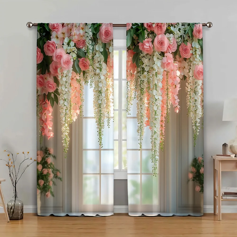 2pc,  Drapes Pink Flowers Delivery1 Blackout  Polyester Birthday Party Applies to Office decoration