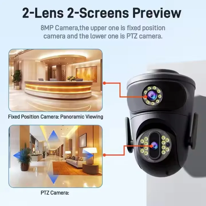 2K 8MP WiFi Security Camera Outdoor Dual Lens Dual Screen 360° Wireless Video Surveillance CCTV IP Cam IPC360 Home
