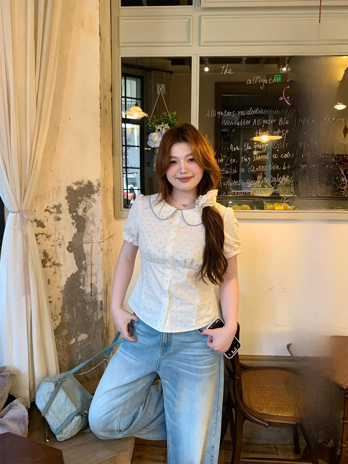 

Sweet Polka Dot Short Sleeve Shirt Spring Summer Baby Doll Collar Bubble Sleeve Casual Style plus Size Women Japanese Magazin...