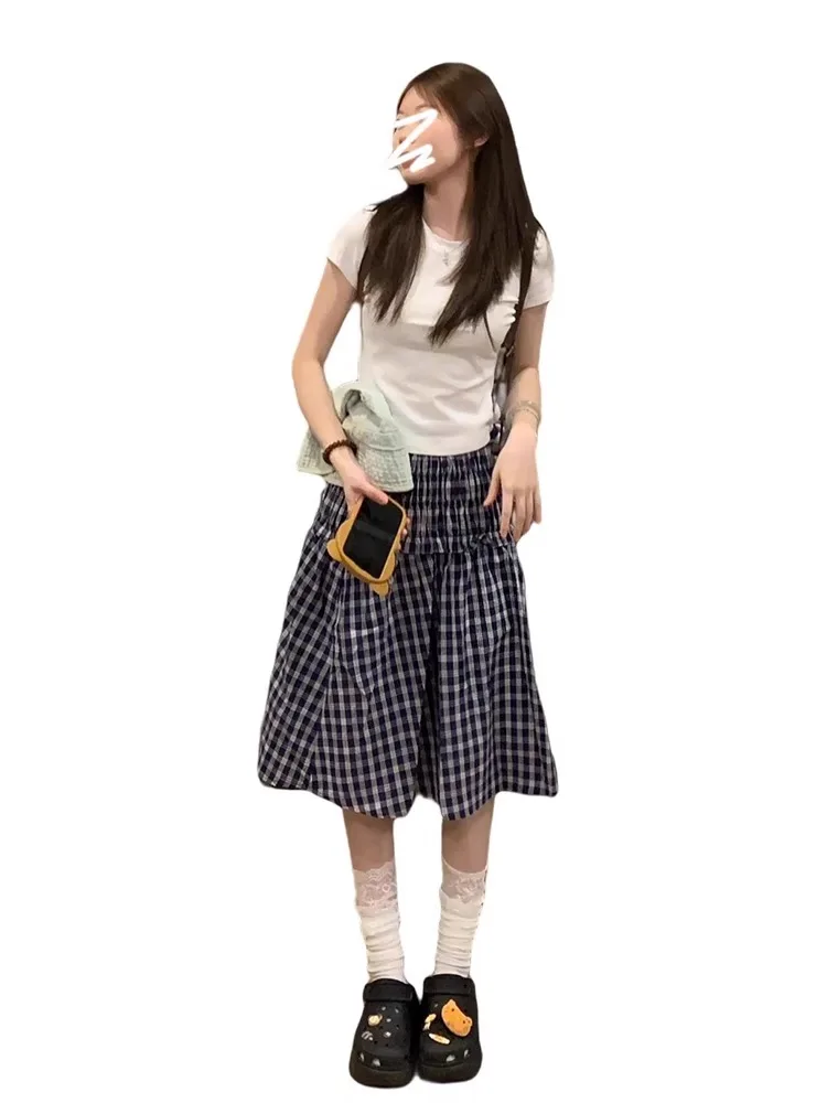 

Blue Plaid A-Line Skirt Women's Summer 2025 Design Sense Small Stature Elegance High Waist Pleated Korean Sle Skirt