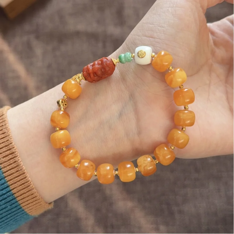 Natural Russian Chicken Fat Yellow Single Circle Bracelet Demon Flower Amber Old Style Beads 10mm