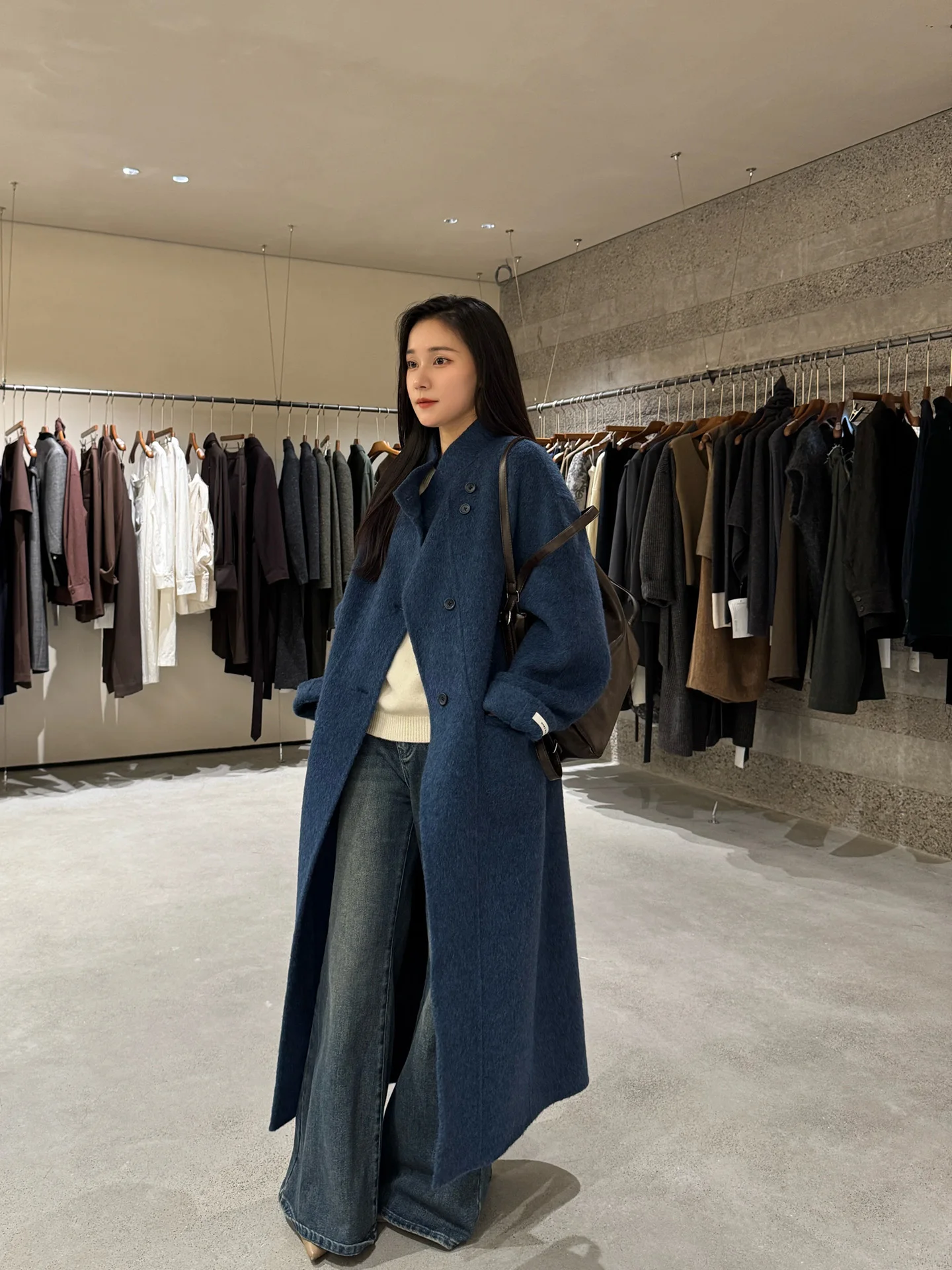 

Thiened Stand Collar Alpaca Wool Blue Coat Women's Double Face Camere High-End Feeling Tweed Outerwear New 2025