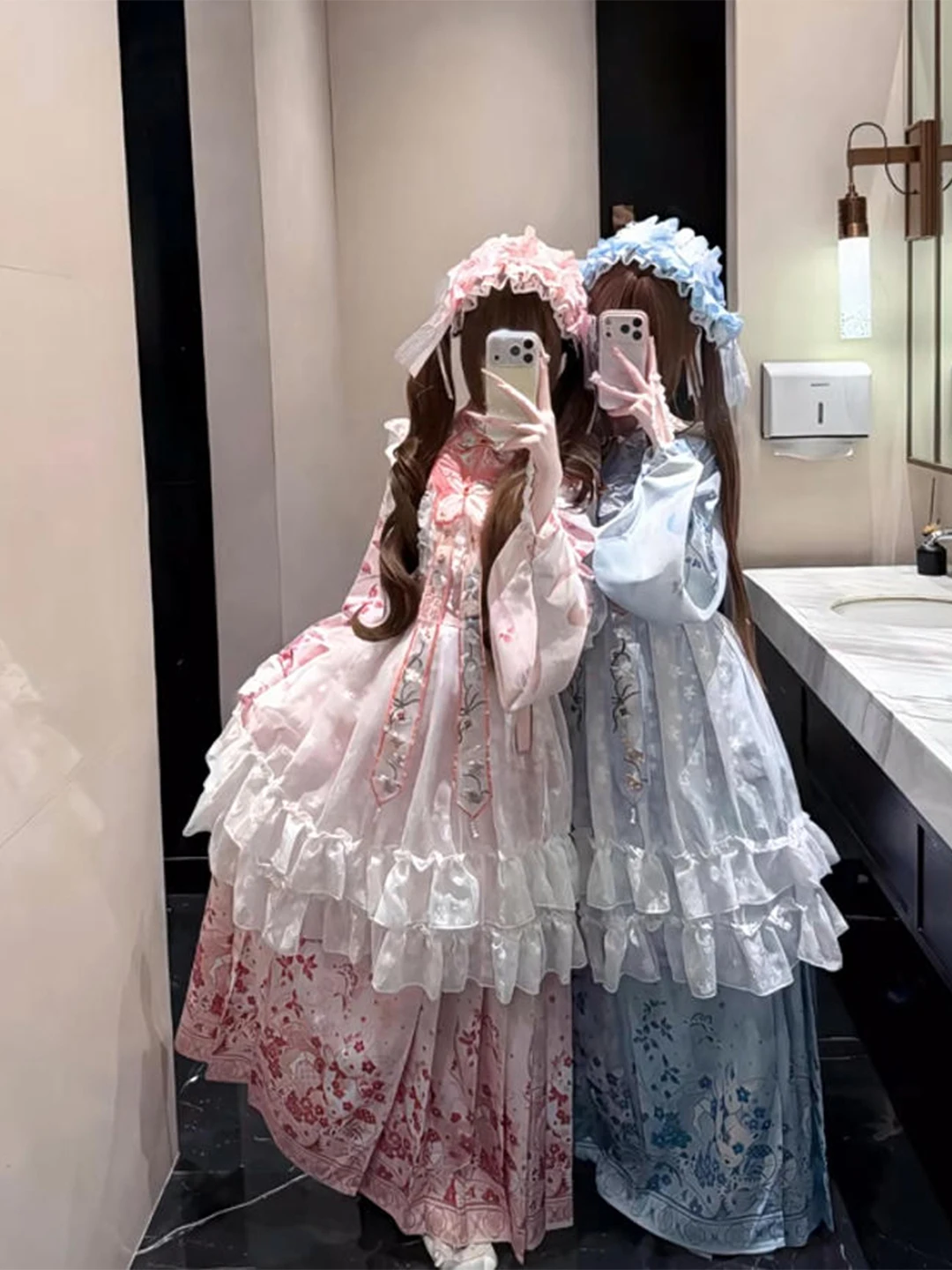 Blue Pink Hanfu Lolita Embroidered Cloud Shoulder Tunic Top Skirt Set Women's Cute Lolita Dress Traditional Chinese Costume - view 4