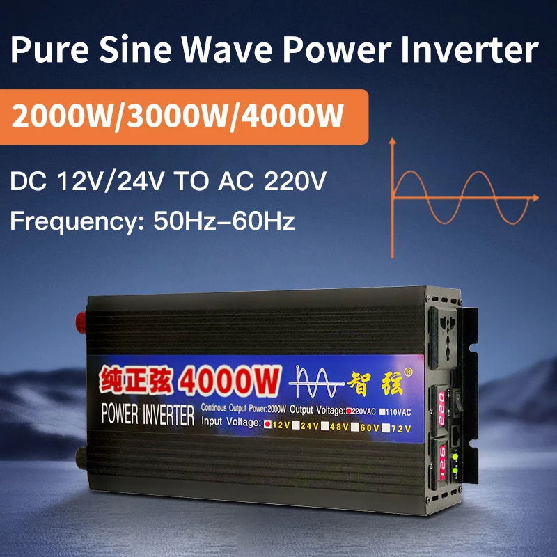 3000W Pure Sine Wave Inverter 2000W 4000W Power DC 12V 24V 48v To AC 220V Voltage 50/60HZ Converter Solar Car Inverter With LED