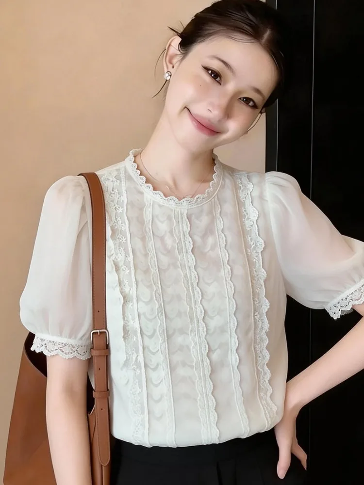 

Summer New Women's Pure Color Short Sleeve Shirt Floral Lace Collar Splice Top Light Beige Regular Sleeve Polyester Fiber