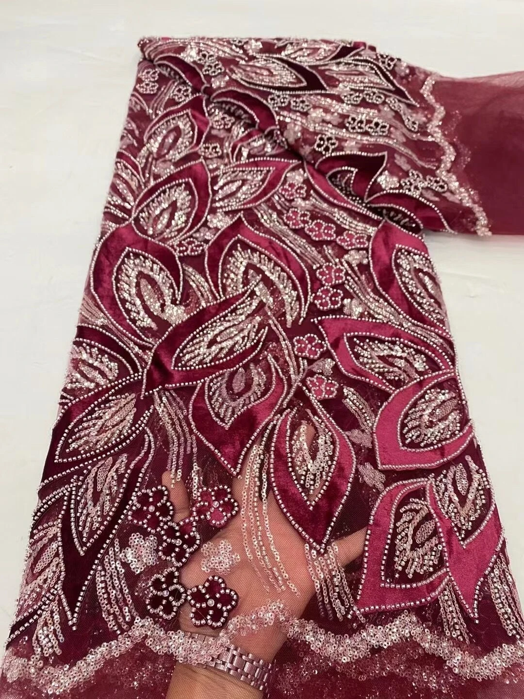 African French Sequined Beaded Lace Fabric 2024 High Quality Nigerian Embroidered Fabric Dress Material For Party Sewing DP0142