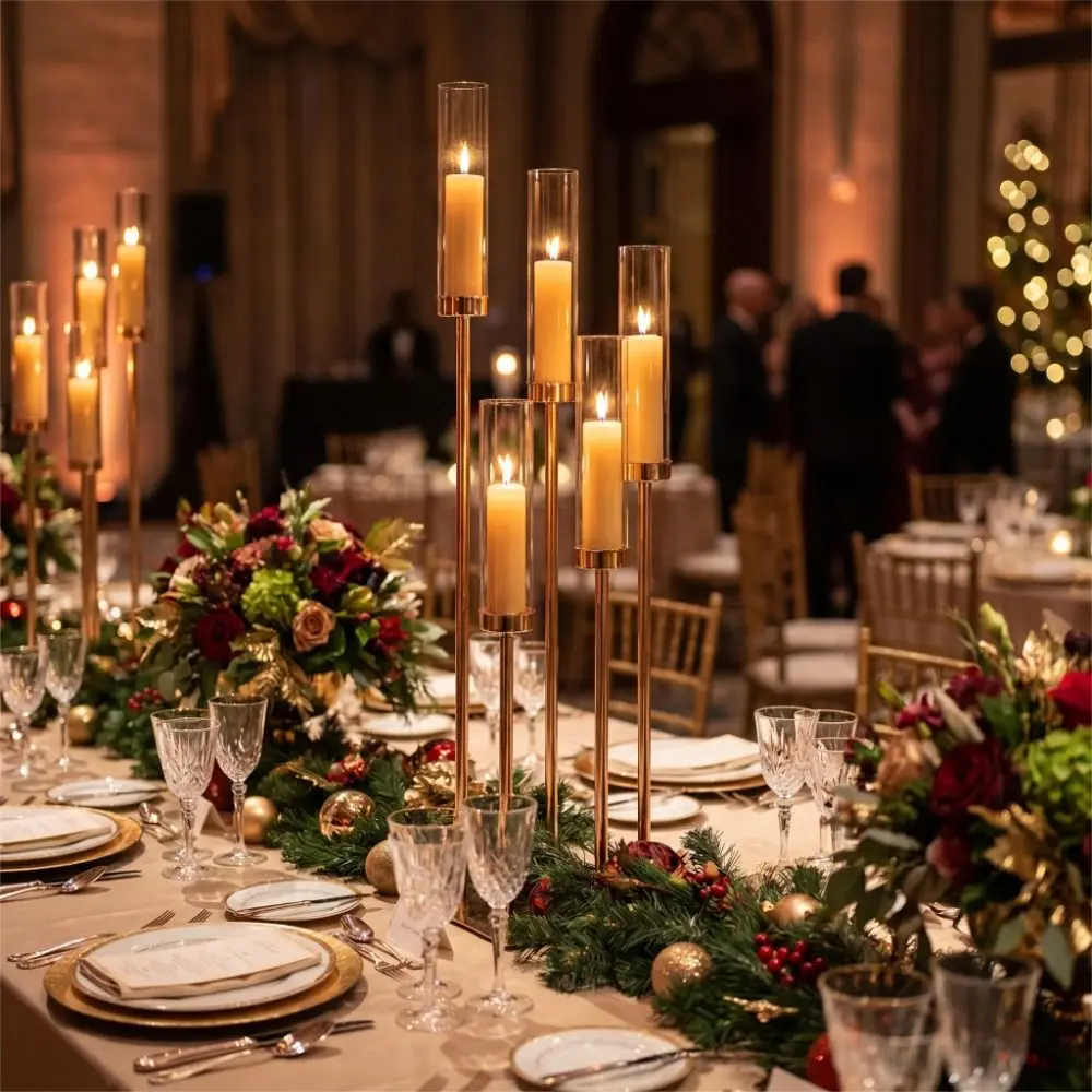 Removable Acrylic Lampshade 5 Arm Floor Candelabra Gold/Silver Long Pole Tall Candle Holder Metal Wedding Candlestick