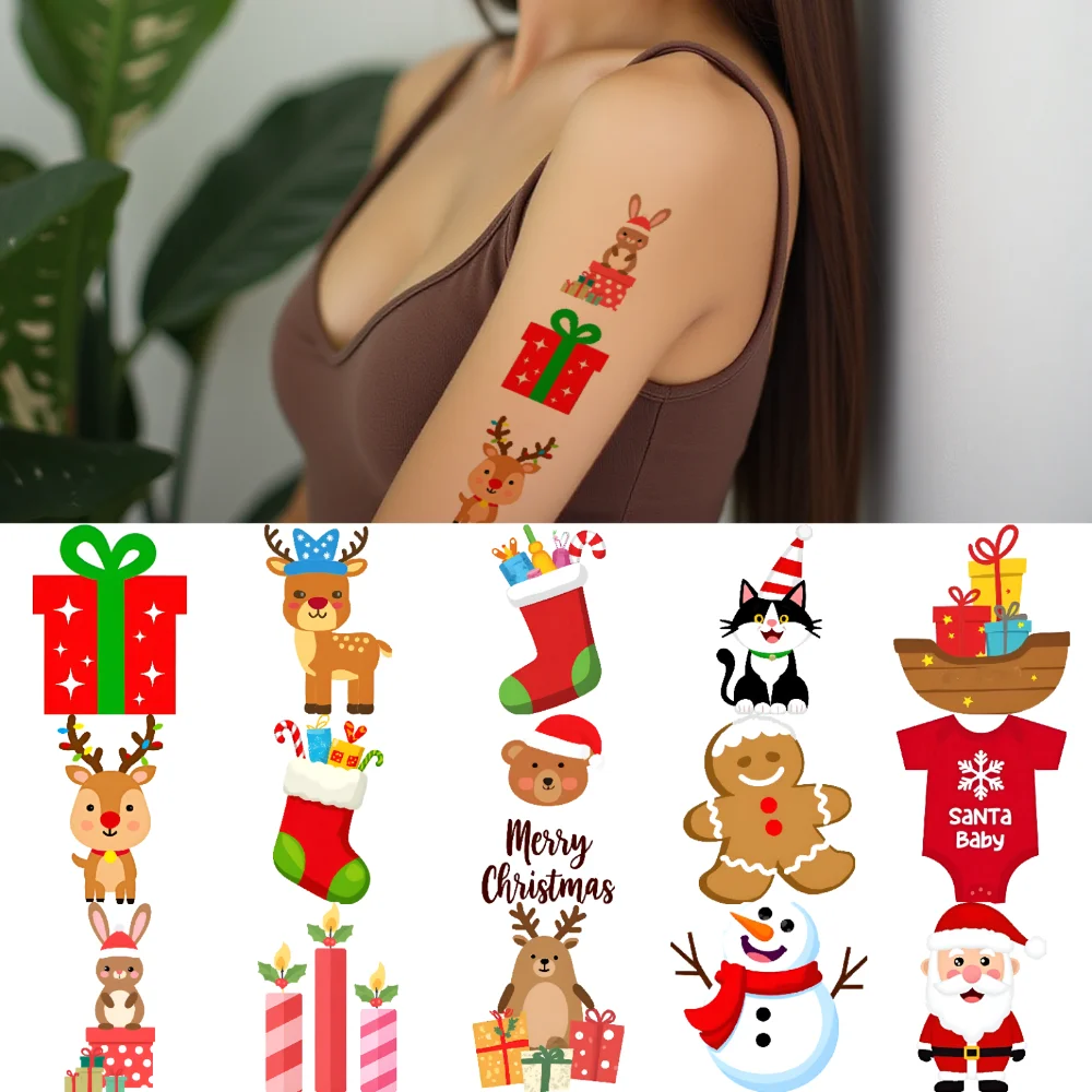 

63pcs Temporary Tattoo Bells Temporary Tattoo Stickers Gifts Holly Waterproof Long-lasting Body Stickers Candy Canes For
