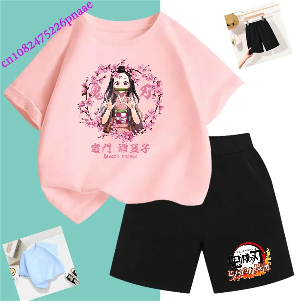 Demon Slayer t shirt Fashion Summerdress2024 Short Kid Short T-shirt Baby Tee Sets Fashion Casual O-neck Breathable KawaiiShorts