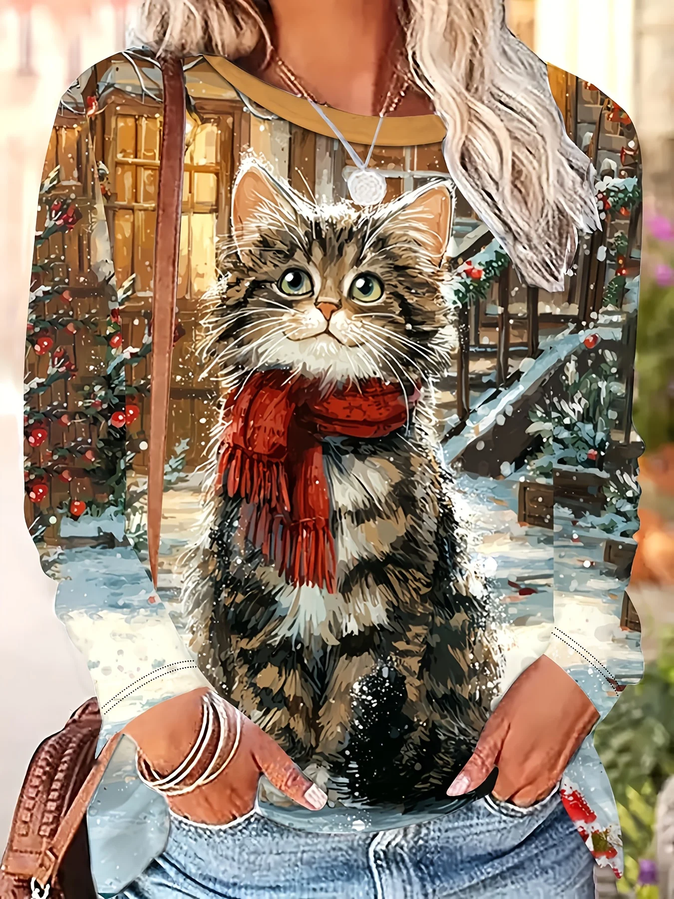 Christmas Must-have! Vintage Snow Scene Cat Print Long-sleeve Top, Fashionable Women's Round-neck Top for Spring and Autumn, Stylish Casual Digital Print, Polyester