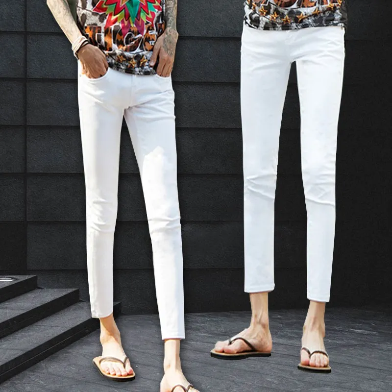 

Men's Denim Jeans Thiened Autumn Winter Casual Sle Elastic Waist Slim Fit Nine Points White Pants Korean Version