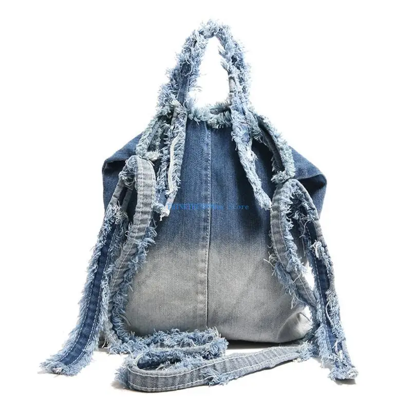 

63HC Korean Fringed Denims Shoulder Bag Large Capacity Tassels Trim Crossbody Handbag