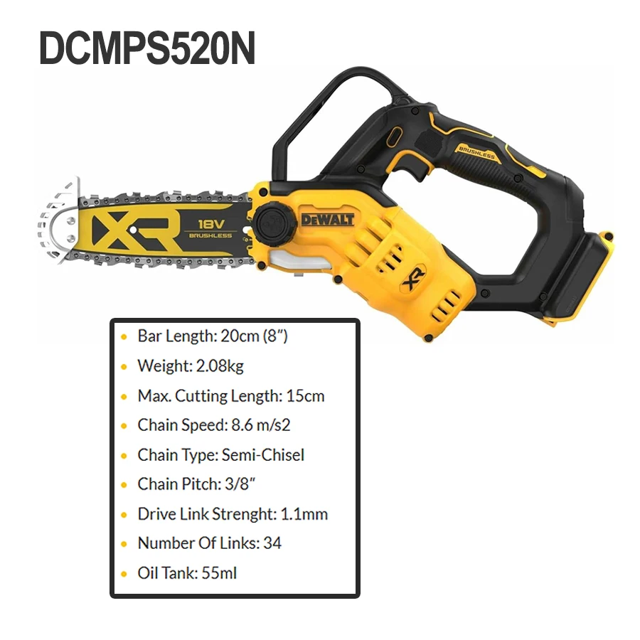 DEWALT 20V Pruning Saw (Bare Unit) Cordless Electric Chain Saw Woodworking Handheld Rod Saw Garden Power Tool DCMPS520N