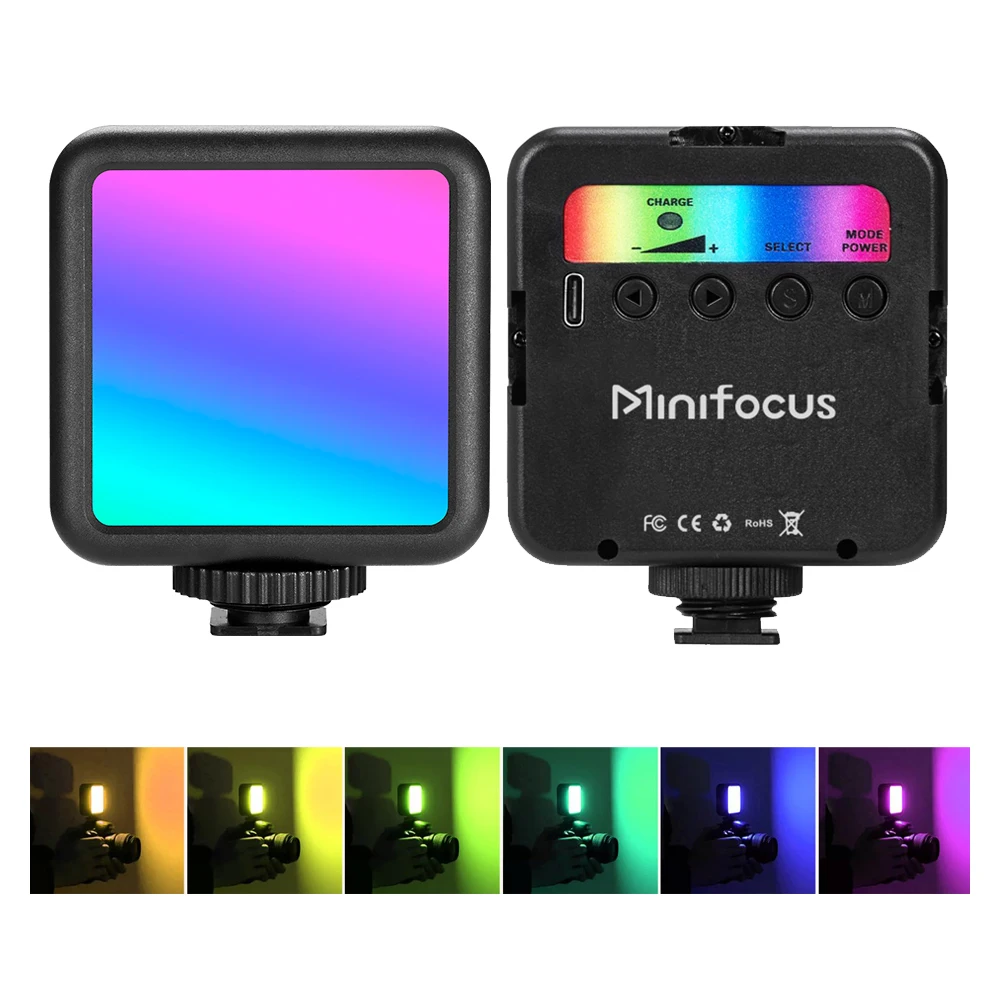 Minifocus Vollfarb-RGB-LED-Videoleuchte, 2500 K–7000 K, 800 Lux, Mini-Füllung, 3 Kaltschuhen, 1800 mAh, Typ-C-Taschenkamera, Blitzschuhlicht