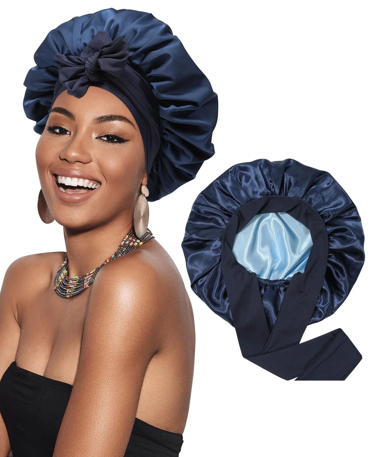 Neue Satin Doppelschicht Motorhaube Solide Breite Krawatte Band Stretch Kopf Seidige Motorhaube Rand Wrap Schlummertrunk Haarpflege Dusche Motorhaube für Frauen – Detail 8