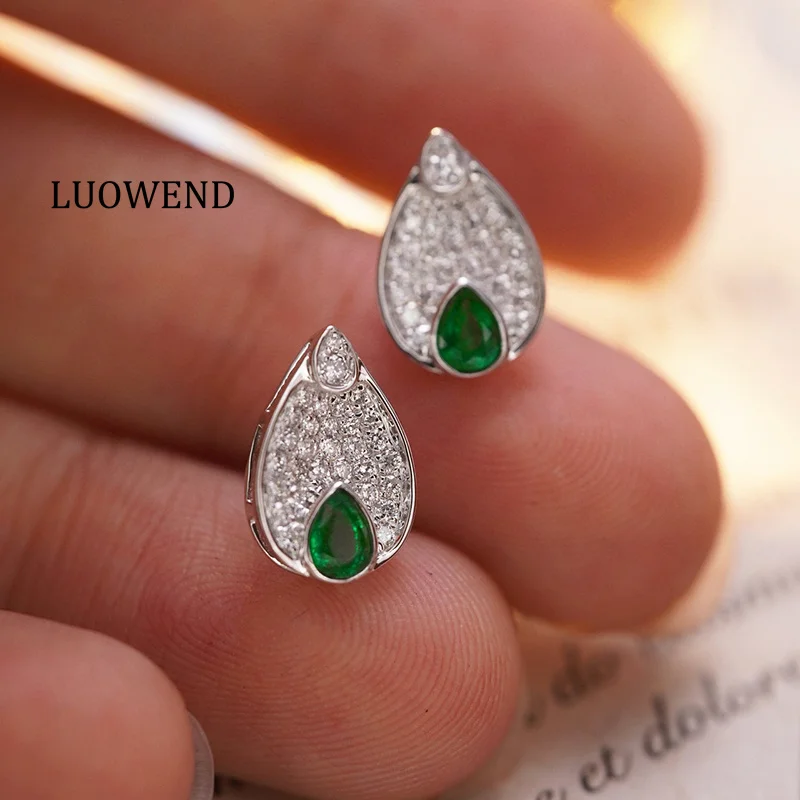 LUOWEND 18K White Gold Earrings Elegant Water Drop Design Real Natural Diamond Natural Emerald Earrings for Women Party Jewelry