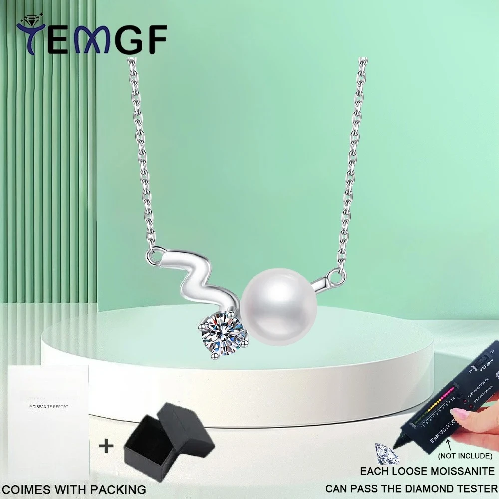 

TEMGF S925 Sterling Silver Necklace 4mm Moissanite 7.5-8mm Freshwater Pearl Pendant for Women Simple Elegant Fine Jewelry Gifts