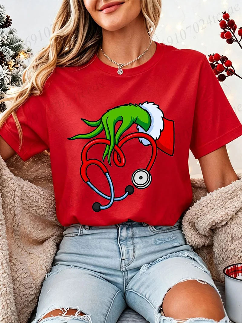 Christmas Nurse T Shirt Heart Stethoscope Graphic Tee Unisex Crew Neck Short Sleeve Medical Worker Xmas Holiday Casual Tops Gift