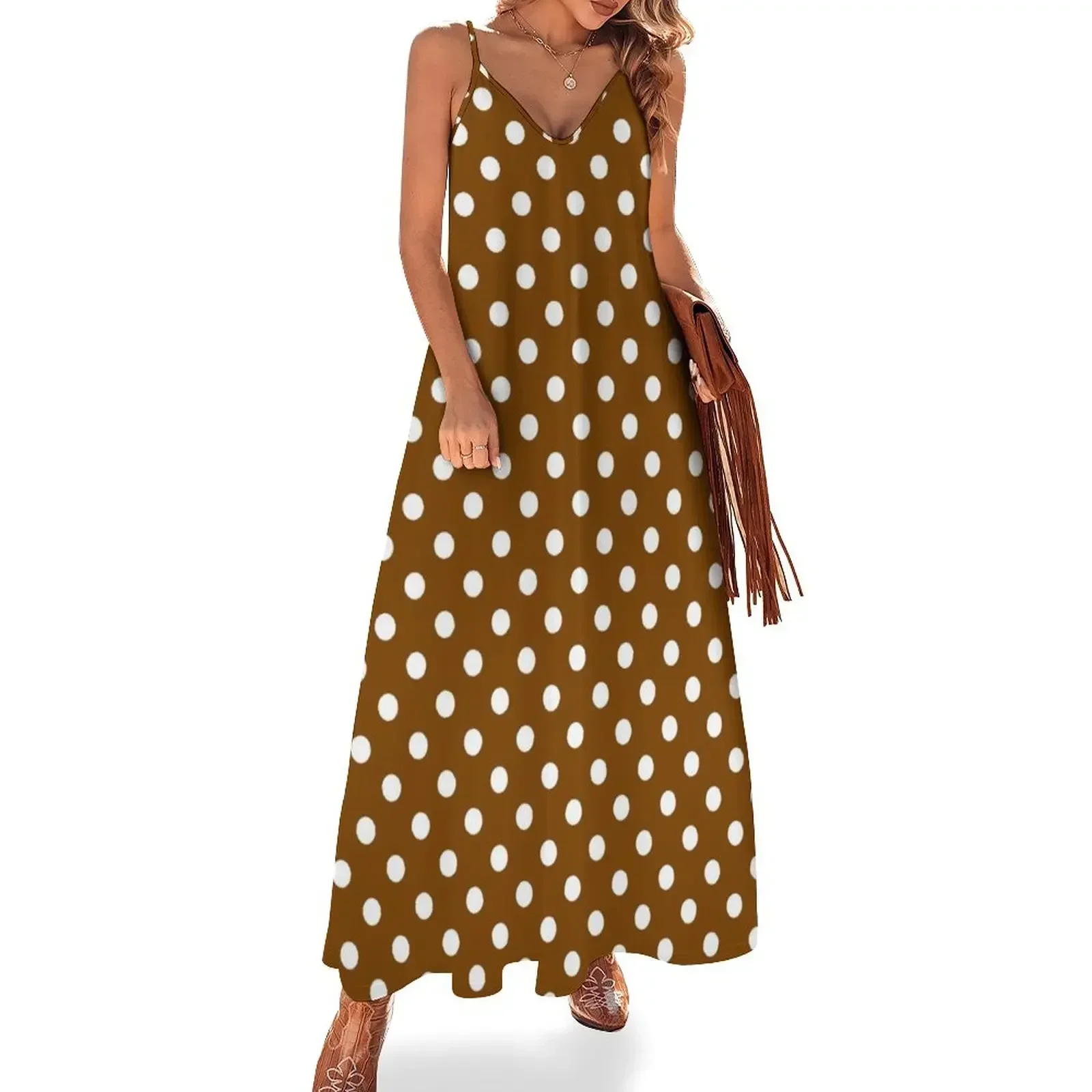 

Chocolate Brown with White Polka Dots Sleeveless Dress dress for women Dress