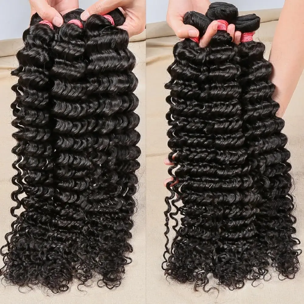 Tissage en Lot Brésilien Naturel Deep Wave avec Closure HD, Extensions de Cheveux Bouclés, 3/4