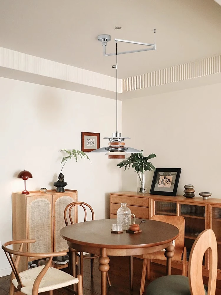 Medieval Restaurant PH UFO Chandelier Eye Protection Retro Walnut Grain Displaceable Rocker Arm Dining Table Dining Room