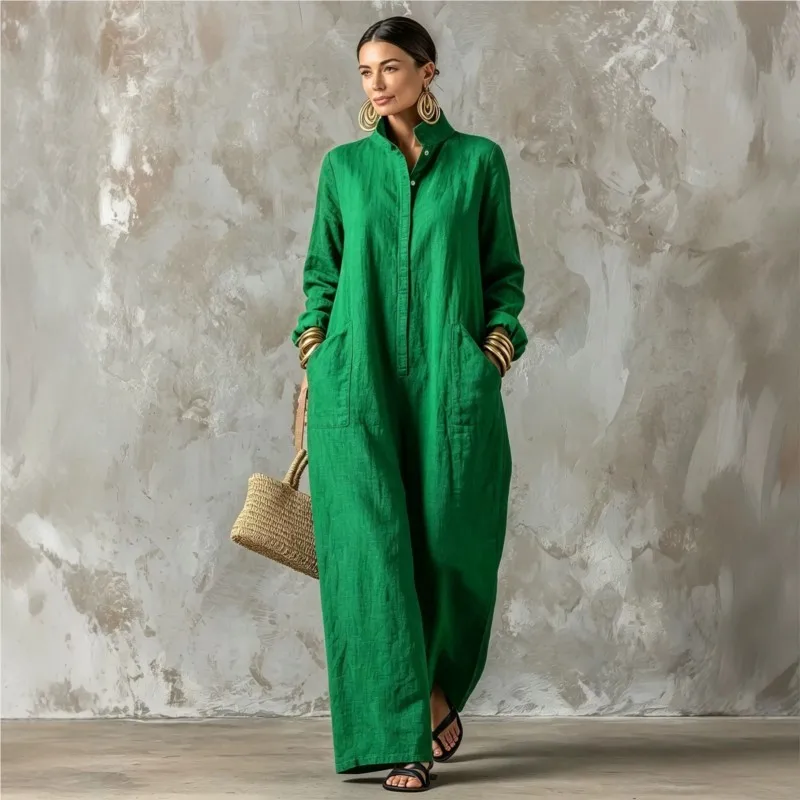 Women's Spring Autumn Long Sleeved Jumpsuit With Pockets Simple Solid Button Half Open Design Loose Jumpsuits Ladies Casual Wear