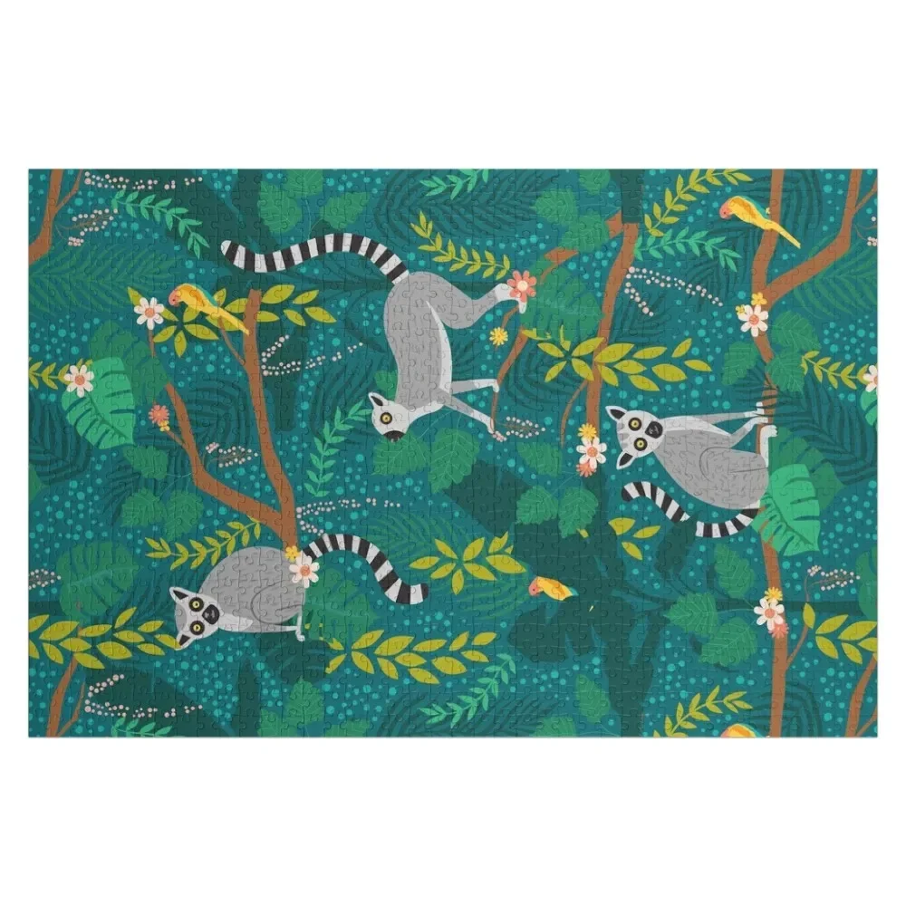 Lemurs in a Teal Jungle Jigsaw Puzzle Personalised Custom Gift Customized Picture Wooden Name Puzzle