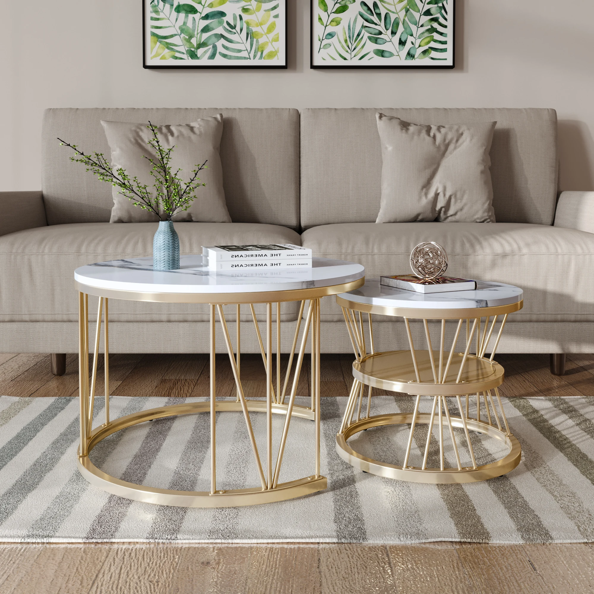 Moderner ineinander steckbarer Couchtisch, Couchtisch-Set, Marmorfurnier, Sofa-Seitennest der Tische, runde Beistelltische, 2er-Set, goldenes Gestell
