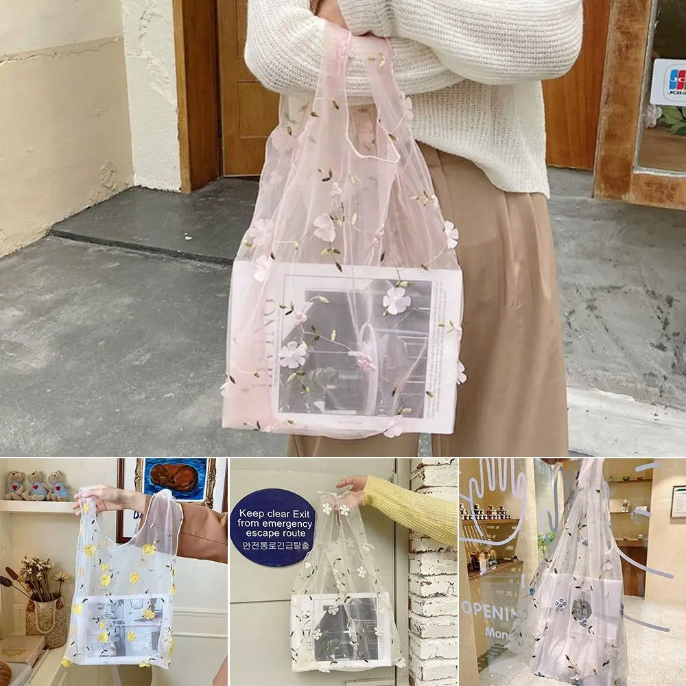 

Transparent Mesh Embroidered Flower Bag Large Capacity High Quality Eco Flower Embroidery Handbag Reusable Purses