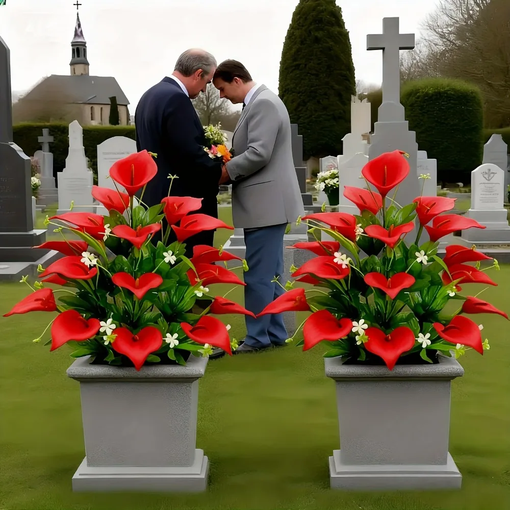 2 Stück künstliche Gladiolen, realistische künstliche Blumen für den Außenbereich mit roten Blütenblättern und grünen Blättern für die Dekoration von Zuhause, Friedhöfen und Hotels – Detail 6