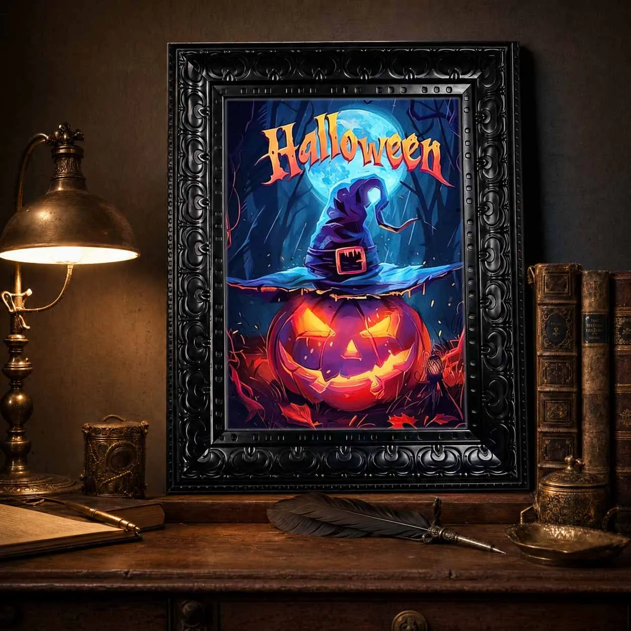 Framed Canvas Wall Art Halloween Jack‑o‑Lantern With Witch Hat Print, Spooky Pumpkin Moon Painting for Holiday Home Wall Decor