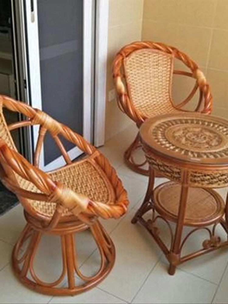 Real Rattan Chair Balcony Table and Chair Tea Table Three-Piece Set Combination Rattan Swivel Chair Backrest Leisure Rattan