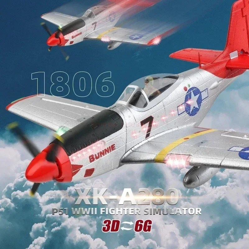 New Wltoys Xk A280 Rc Airplane P51 Fighter Simulator 2.4g 3d6g Mode Aircraft With Led Searchlight Plane Toys For Children Adults