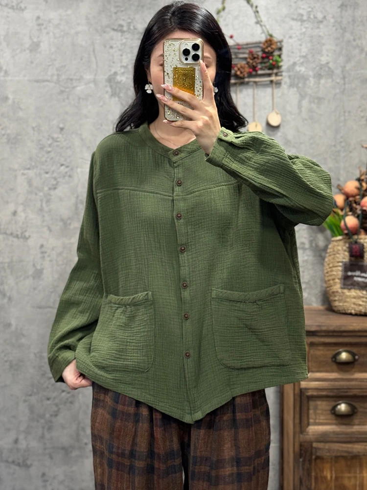 Amax LuluE Korean Design Autumn Tops Womens Fashion Casual Cotton Linen Shirts 2025 Ladies Classic Loose Vintage Solid Blouses