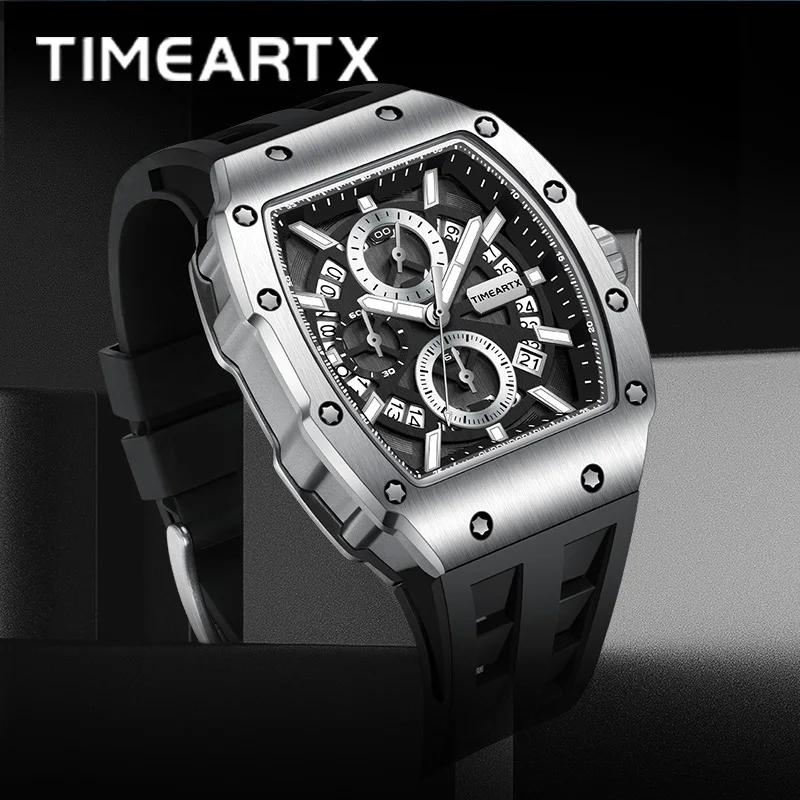 TIMEARTX 5960 ساعة كوارتز رياضية كرونوغراف للرجال عرض التاريخ المضيء ساعات بعقارب تونيو من الفولاذ المقاوم للصدأ للرجال