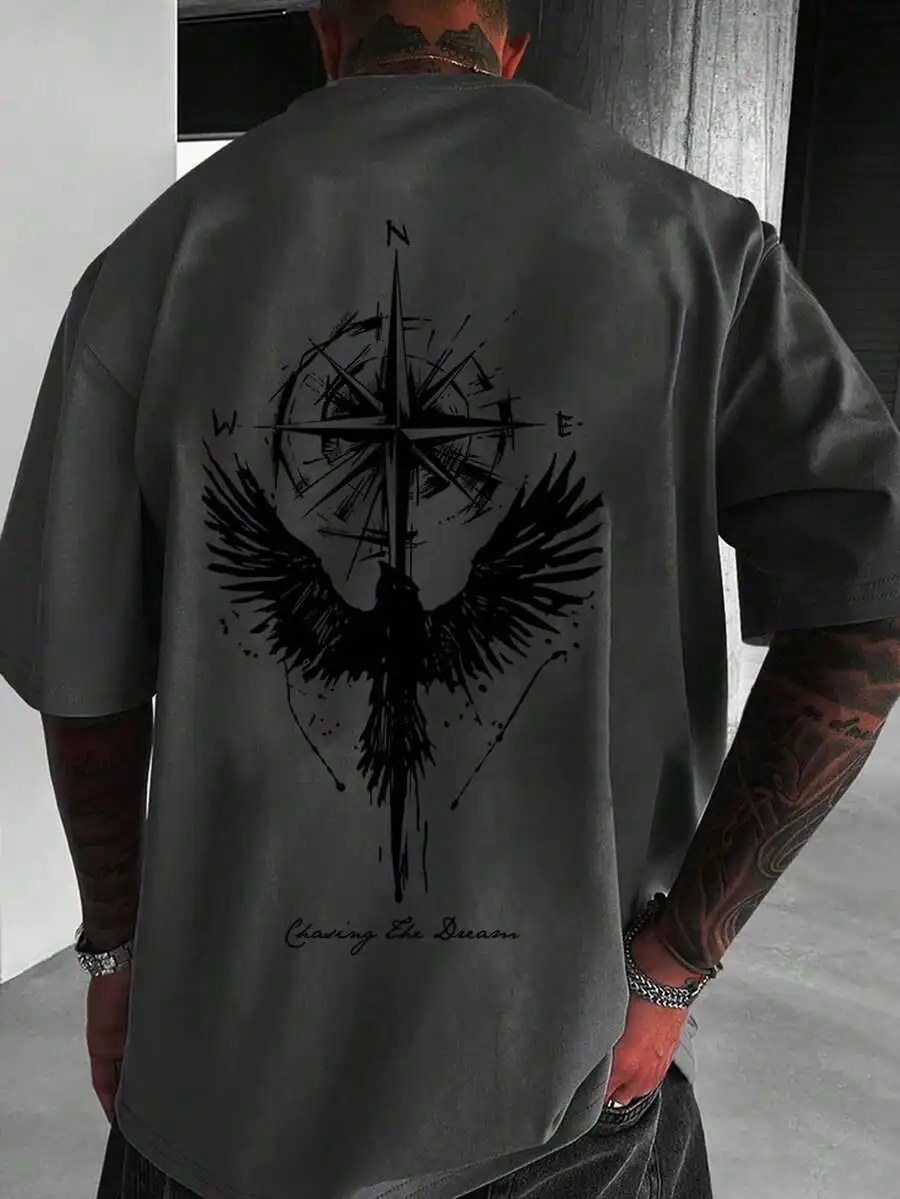 Mens Summer Compass Print Round Neck Short Sleeve Casual T-Shirt