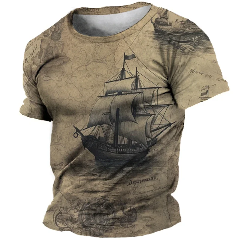 

Summer new 3D retro compass printed T-shirt men's round neck short sleeved top fashionable street boat pattern T-shirt oversized