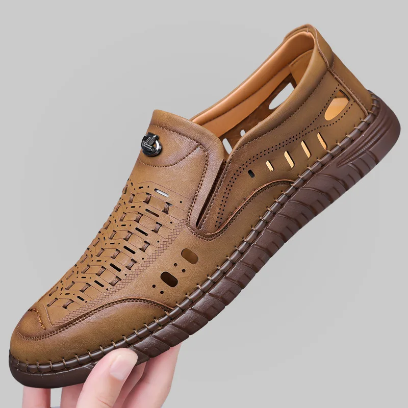 

Mens Sandals Summer Hollow Out Leather Shoes Casual Loafers Slip-On Driving Shoes for Men Large Size Moccasins Oxford Flat Shoes