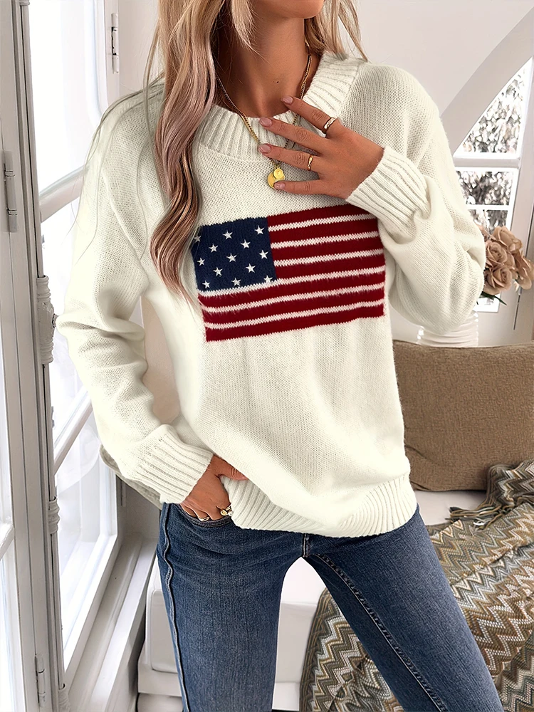 Plus Size Damen Herbst und Winter Neues Nationalflaggenmuster Damenpullover Bequemer, lockerer, lässiger Pullover