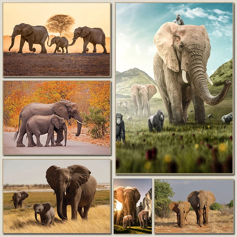 

Elephant Baby Family Poster Print Modern Wildlife Animal Wall Art Canvas Painting Picture Nature Landscape for Living Roon Decor