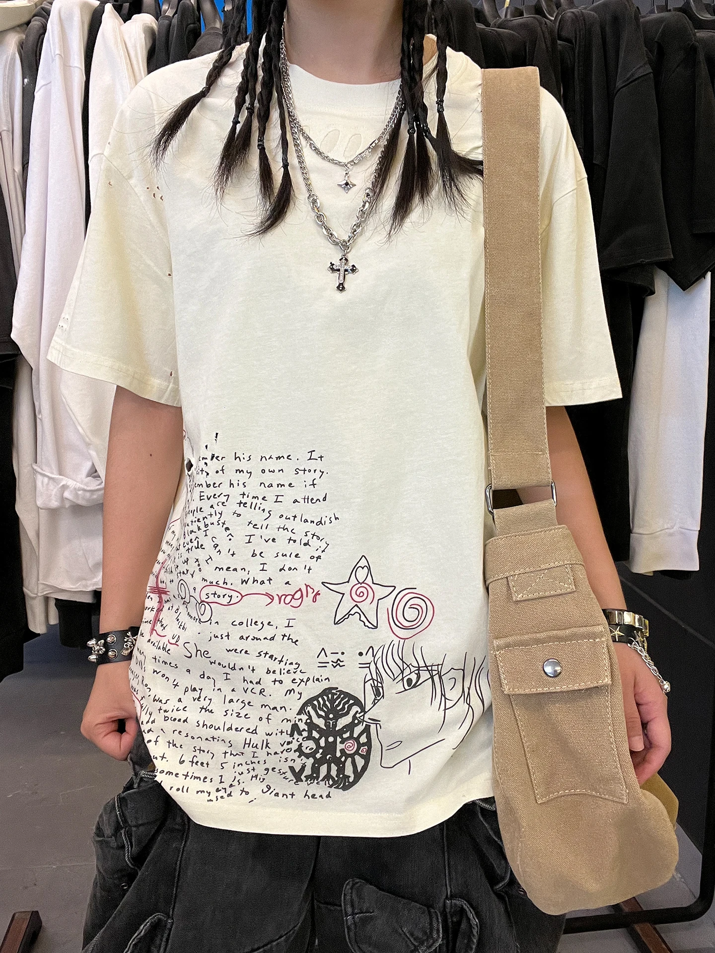 

Hiphop Lazy Style Short Sleeve T-Shirt Wang Studio 180G Hole! Hem Star Lettering Casual Loose Fit Cotton Tee for Men