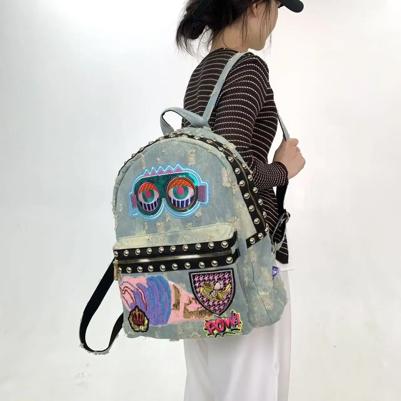 

Novelty Creative Funny Backpack Vintage Distressed Denim Backpack for Men Women School Bag Casual Daily Travel Bag Y2K Rucksack