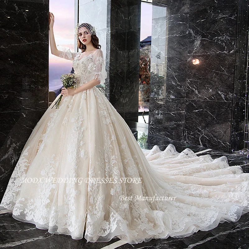 MODX Princess Lace Applique Wedding Dresses Ball Gown Puff Sleeves V Neck Bridal Gowns Luxury Bride Dress Photo shoot Vesstidos