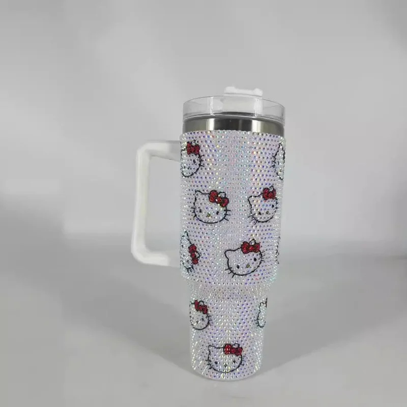 New Diamond Flag Bow Hello Kitty Diamond Cup Stainless Steel Car 40oz Car Cup Large Capacity Thermos Cup With Handle Girls Gifts