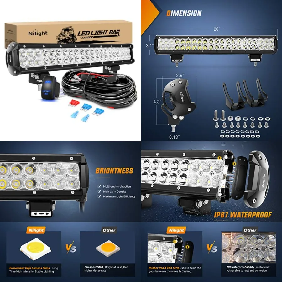 

LED Light Bar 20 Inch 126W Spot Flood Combo Led Off Road Lights 12V 5Pin Rocker Switch LED Light Bar Wiring Harness Kit, 2 Year
