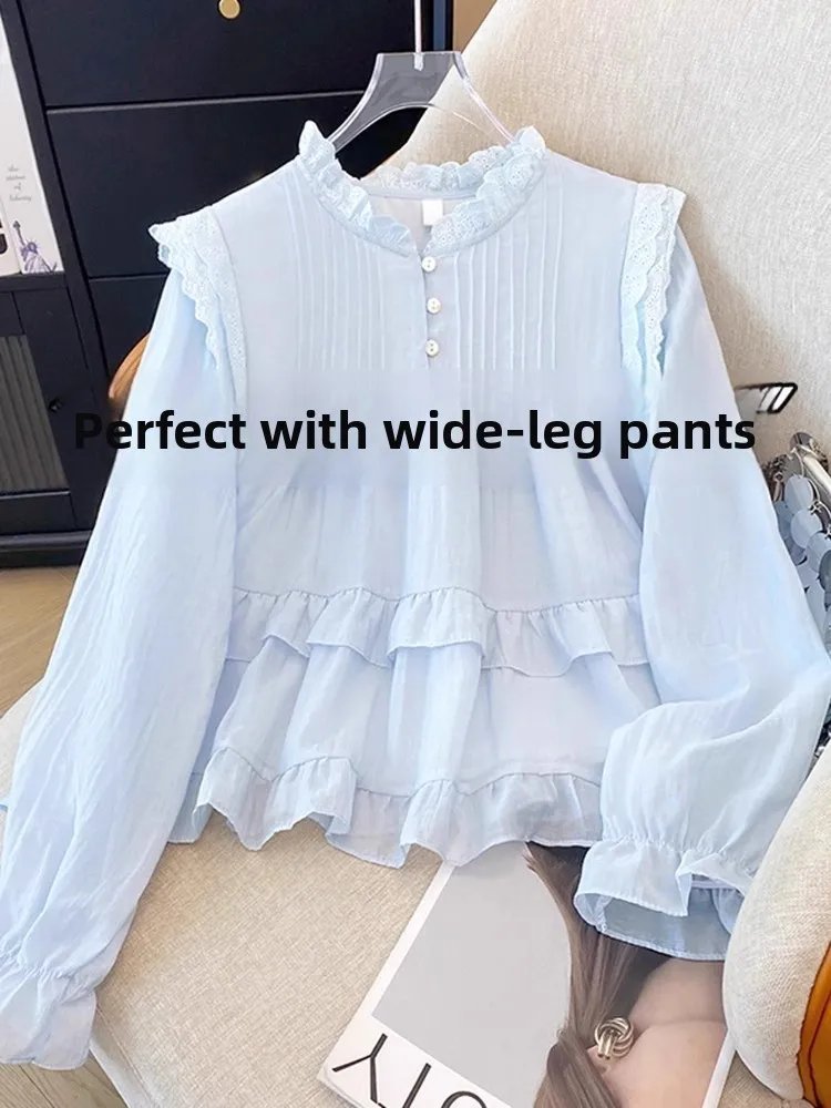 

Синий шифон Long Sve Doll irt Женский весенне-осенний ор Яркий цвет Bubble Sve irt Sweet Sle Свободный крой